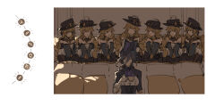 6+girls aaaboutle bare_shoulders black_hat blonde_hair blush clorinde_(genshin_impact) closed_eyes closed_mouth commentary couple cup cushion genshin_impact gloves hat highres holding holding_cup indoors long_hair looking_at_another meme multiple_girls navia_(genshin_impact) open_mouth piper_perri_surrounded_(meme) purple_hair smile sweatdrop teacup white_gloves yuri