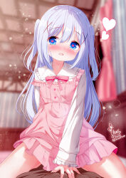 1boy 1girl artist_name blue_eyes blue_hair blurry blurry_background blush chinomaron collared_shirt dress frilled_dress frilled_shirt_collar frilled_sleeves frills girl_on_top gochuumon_wa_usagi_desu_ka? hair_between_eyes hair_ornament heart heart-shaped_pupils highres kafuu_chino long_hair long_sleeves open_mouth pink_dress shirt signature smile symbol-shaped_pupils twitter_username two_side_up white_shirt x_hair_ornament