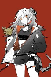 1girl arknights bonsai chinese_commentary choker commentary_request crop_top fingernails hand_in_pocket highres horns ifrit_(arknights) long_hair nail_polish official_alternate_costume orange_eyes orange_nails partially_unzipped piaoliu_ping_ping_ping_pingzi pouch red_background shorts solo spot_color tail thigh_pouch thigh_strap