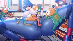 1girl 6+boys alien animated animated_gif arekara4nen ass bent_over blue_eyes blue_hair bodysuit bouncing_breasts breasts censored frottage game_cg large_breasts long_hair male_masturbation masturbation molestation monster multiple_boys open_mouth penis ponytail sennai_ni_nazo_no_seimei_hannou size_difference source_request thick_thighs thighs xenophilia