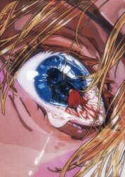 1boy 1girl black_boots blonde_hair blood blue_eyes boots chinese_commentary colored_eyelashes commentary_request crying crying_with_eyes_open eyelashes eyes_visible_through_hair fang_ting film_grain highres hirose_natsuko long_hair luke_braveheart open_mouth red_skirt screentones skirt smile tears zenshuu