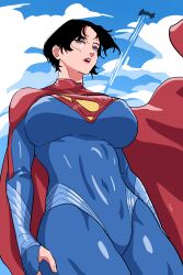 1girl absurdres black_hair blue_bodysuit blue_eyes bodysuit breasts cape commentary covered_navel dc_comics dc_extended_universe ernez_(jerukperaz) fingerless_gloves from_below gloves highres large_breasts open_mouth red_cape short_hair solo supergirl superhero_costume superman_(series) superman_logo the_flash_(movie)