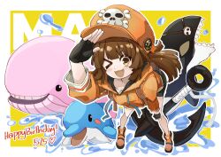 1girl absurdres anchor bike_shorts boots newsboy_cap dolphin fingerless_gloves gloves guilty_gear guilty_gear_strive hat hat_ornament highres hood hoodie jacket may_(guilty_gear) orange_boots orange_hat orange_hoodie orange_jacket pirate_hat skull_and_crossbones skull_hat_ornament sleepyowl_(jobkung15) whale