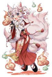 Rule 34 | 1girl, :d, ahoge, alternate costume, animal ears, bell, blue eyes, bow, bridal gauntlets, character name, floral print, fox ears, fox girl, fox tail, from side, full body, hair bell, hair ornament, hakama, hakama skirt, halloween costume, hands up, heart, highres, hitodama, howan (show by rock!!), japanese clothes, looking at viewer, marin704, multiple tails, open mouth, paw pose, pelvic curtain, pink hair, platform clogs, red bow, red skirt, shirt, short hair, show by rock!!, side ponytail, simple background, skirt, smile, solo, tail, tassel, white background, white shirt, wide sleeves