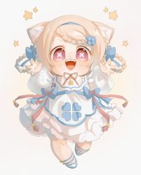 1girl :d alternate_hairstyle amai_hiyo animal_ear_fluff animal_ears ankle_strap annoyingkojika bib blonde_hair blue_footwear bow braid braided_hair_rings cat_ears cat_girl cat_tail child chinese_commentary clover_print dress forehead frilled_dress frills full_body hair_bow hair_ornament hair_rings highres indie_virtual_youtuber official_alternate_costume open_mouth outstretched_hand puffy_sleeves red_eyes red_ribbon ribbon simple_background smile solo star_(symbol) symbol-shaped_pupils tail teeth toddler tongue upper_teeth_only virtual_youtuber white_background white_dress