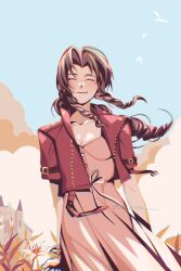 1girl aerith_gainsborough bangle bird bracelet braid braided_ponytail breasts brown_hair church cleavage closed_eyes closed_mouth cloud cloudy_sky collarbone cowboy_shot cropped_jacket dress final_fantasy final_fantasy_vii final_fantasy_vii_rebirth final_fantasy_vii_remake flower highres jacket jacoline jewelry lily_(flower) long_dress long_hair medium_breasts parted_bangs pink_dress red_jacket short_sleeves sidelocks single_braid sky smile