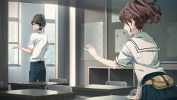 Rule 34 | 1boy, 1girl, belt, belt pouch, black hair, blue bow, blue pants, blue skirt, bow, brown belt, brown eyes, brown hair, chair, chalkboard, chest bow, chuo tanegashima high school uniform, classroom, collared shirt, cropped shirt, day, desk, from behind, from side, fukuda tomonori, game cg, glasses, hair between eyes, hand on table, hidaka subaru, high-waist skirt, high ponytail, highres, indoors, leather belt, long hair, looking back, medium hair, non-web source, official art, open mouth, pants, pleated skirt, ponytail, ponytail with braided base, pouch, reaching, reaching towards another, robotics;notes, sailor collar, school, school chair, school desk, school uniform, senomiya akiho, shirt, short sleeves, skirt, teeth, tongue, upper teeth only, white sailor collar, white shirt, window