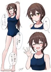 Rule 34 | 1girl, armpits, arms up, blue one-piece swimsuit, blush, breasts, brown hair, cleavage, closed eyes, closed mouth, collarbone, highres, long hair, looking at viewer, may9, medium breasts, one-piece swimsuit, open mouth, original, school swimsuit, smile, solo, swimsuit, waving, yellow eyes