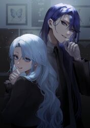 Rule 34 | 1boy, 1girl, absurdres, black jacket, black necktie, blue eyes, blunt ends, braid, braided bangs, collared shirt, curtained hair, doku kobuko, dried flower, framed insect, frilled sleeves, frills, gloves, grey eyes, grey shirt, hair behind ear, hair between eyes, hand on own chin, highres, jacket, light particles, long hair, long sleeves, looking at viewer, looking back, male focus, nagao kei, necktie, nijisanji, open clothes, open jacket, parted lips, picture frame, purple hair, red lips, shirt, smile, swept bangs, upper body, virtual youtuber, wavy hair, white gloves, yukishiro mahiro