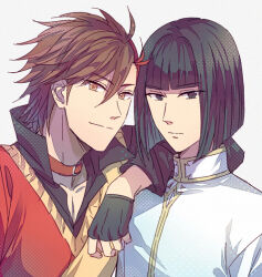 2boys alternate_color arm_on_another&#039;s_shoulder black_eyes black_hair blunt_bangs blunt_ends brown_eyes brown_hair gakuen_basara grey_background light_frown light_smile looking_at_viewer male_focus multiple_boys portrait sengoku_basara shibata_katsuie_(sengoku_basara) shima_sakon_(sengoku_basara) short_hair simple_background toruglose
