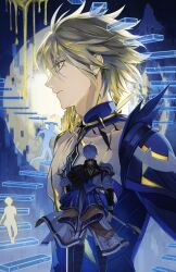 Rule 34 | 2boys, age progression, alternate form, antenna hair, armor, bare pectorals, black shirt, blonde hair, blue cape, cape, coat, commentary request, cracked skin, hair between eyes, highres, holding, holding sword, holding weapon, honkai: star rail, honkai (series), kumajyayo, male focus, material growth, multiple boys, pauldrons, pectorals, phainon (honkai: star rail), phainon (khaslana) (honkai: star rail), profile, shirt, short hair, shoulder armor, side cape, single pauldron, stairs, sun print, sword, torn clothes, torn shirt, weapon, white coat, white hair, yellow blood, yellow eyes