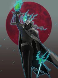 Rule 34 | 1boy, belt, blue eyes, blue fire, blue outline, bow (weapon), broken mask, cloak, closed mouth, commentary request, crossbow, eyelashes, fire, flaming hand, full moon, gloves, green fire, highres, holding, holding crossbow, holding scale, holding weapon, long hair, lunatic (tiger &amp; bunny), male focus, mask, moon, one eye covered, outline, pale skin, red moon, shuu0708, solo, standing, tiger &amp; bunny, weapon, yuri petrov