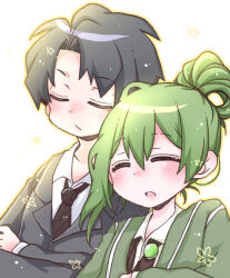 Rule 34 | 2boys, black hair, black necktie, blush, closed eyes, collared shirt, crossed arms, dress shirt, green hair, grey jacket, hair rings, highres, jacket, kawanashi (sxism0), lapels, library of ruina, male focus, multiple boys, necktie, netzach (project moon), project moon, roland (project moon), shirt, short hair, simple background, single hair ring, sleeping, sleeping upright, suit jacket, white background, white shirt