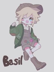 Rule 34 | 1boy, basil (birthday) (omori), basil (faraway) (omori), basil (omori), blonde hair, blue eyes, blush stickers, boots, bright pupils, brown boots, brown hat, brown overalls, cardigan, character name, chibi, chibi only, collared shirt, fang, full body, green cardigan, grey background, hat, highres, lace-up boots, long sleeves, male focus, newsboy cap, omori, one eye closed, open mouth, overall shorts, overalls, saji neko, shirt, short hair, simple background, skin fang, smile, solo, white pupils, white shirt