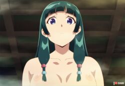 Rule 34 | 1girl, artist name, beads, blue eyes, blunt bangs, breasts, commentary, english commentary, from below, frown, green hair, hair beads, hair ornament, highres, indoors, kusuriya no hitorigoto, long hair, looking at viewer, maomao (kusuriya no hitorigoto), multi-tied hair, nipples, patreon logo, patreon username, small breasts, solo, steam, zuharu