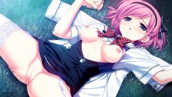1boy 1girl arms_up black_bow black_hairband blue_dress blue_eyes blush bow bowtie breasts breasts_out censored clothes_lift collared_shirt dress dutch_angle frilled_bow frills fumio_(ura_fmo) game_cg garter_straps grass grisaia_(series) grisaia_no_kajitsu hair_bow hairband half-closed_eyes highres holding_hands interlocked_fingers kazami_yuuji komine_sachi lace lace-trimmed_legwear lace_trim looking_at_another looking_at_viewer lying medium_breasts mihama_private_academy_school_uniform moonlight mosaic_censoring narrowed_eyes night nipples no_panties non-web_source on_back on_grass out_of_frame outdoors parted_bangs parted_lips partially_unbuttoned partially_undressed pink_hair plaid_bow plaid_bowtie plaid_clothes pov pussy pussy_juice raised_inner_eyebrows sailor_collar school_uniform shirt shirt_under_dress short_hair short_sleeves sidelocks skirt skirt_lift sleeveless sleeveless_dress solo_focus sparkling_eyes spread_legs swept_bangs thick_eyelashes thighhighs thighs two_side_up unworn_shirt white_sailor_collar white_shirt white_thighhighs