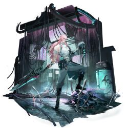 1boy artist_request biohazard_symbol black_boots blood blood_on_clothes boots faux_figurine game_cg girls&#039;_frontline girls&#039;_frontline_neural_cloud grey_pants grin highres holding holding_detached_head holding_sword holding_weapon lace-up_boots male_focus mechanical_arms muscular muscular_male official_art pants pink_hair ponytail red_eyes salmon_(neural_cloud) single_mechanical_arm smile solo sword teeth third-party_source transparent_background weapon