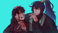 2boys black_eyes black_hair black_hanfu blood blood_on_clothes blood_on_face blood_on_mouth blue_background blue_eyes blue_hair chinese_clothes clenched_teeth coat collared_shirt curtained_hair family_hierarch_candidate_(identity)_(project_moon) grabbing_another&#039;s_hair grey_scarf hair_between_eyes hair_ornament hand_up hanfu heterochromia high_ponytail highres hong_lu_(project_moon) injury jacket jacket_on_shoulders limbus_company looking_at_viewer meat_(goldfish940602) meursault_(project_moon) multiple_boys ponytail project_moon red_coat red_shirt scarf shirt teeth thumb_(identity)_(project_moon) upper_body wolf_cut