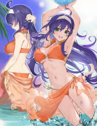 1girl :d ahoge alternate_costume ass back ball beachball bikini bouncing_breasts breasts cleavage day fire_emblem fire_emblem:_path_of_radiance green_eyes hairband haru_(nakajou-28) highres large_breasts long_hair looking_at_viewer mia_(fire_emblem) multiple_views navel nintendo open_mouth orange_bikini orange_sarong purple_hair sarong side-tie_bikini_bottom skindentation smile solo stomach sunlight swimsuit underboob wading white_hairband