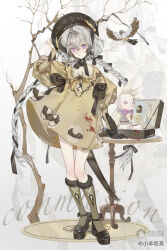 1girl bare_tree bird black_bow blood book boots bow bowtie braid dress full_body grey_hair hair_between_eyes hat highres long_hair long_sleeves looking_at_viewer original puffy_sleeves purple_eyes rabbit ribbon socks solo standing table tree twin_braids very_long_hair white_background xiaoyangchicha yellow_dress