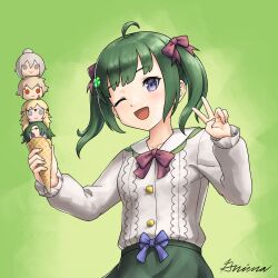 1girl :d ahoge alternate_costume blue_bow bow bowtie commentary commentary_request english_commentary fire_emblem fire_emblem_fates green_background green_hair grimaisbestwaifu highres holding holding_ice_cream_cone ice_cream_cone female_kana_(fire_emblem) kaze_(fire_emblem) kiragi_(fire_emblem) midori_(fire_emblem) mixed-language_commentary nintendo one_eye_closed open_mouth ophelia_(fire_emblem) purple_eyes red_bow red_bowtie signature smile solo twintails v