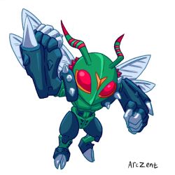 arczent bug chibi digimon digimon_(creature) full_body highres insect_wings red_eyes shoulder_spikes simple_background solo spikes stingmon white_background wings