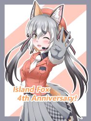 1girl animal_ears anniversary extra_ears fox_ears fox_girl fox_tail gloves grey_hair hat highres island_fox_(kemono_friends) jacket kemono_friends kemono_friends_v_project long_hair looking_at_viewer microphone necktie one_eye_closed ribbon shirt simple_background skirt solo tail touki_ag twintails virtual_youtuber yellow_eyes