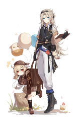 1boy 1girl absurdres albedo_(genshin_impact) bag balloon black_footwear black_gloves black_socks blonde_hair blue_eyes boots brown_footwear brown_gloves child eyewear_on_head full_body fur genshin_impact gloves hat highres klee_(genshin_impact) kneehighs long_hair messy messy_hair pants red_eyes shirt shoes short_hair simple_background skirt socks sunglasses very_long_hair yajuu