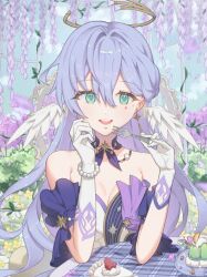 1girl blue_eyes blue_hair breasts chyanu dress flower hair_between_eyes halo honkai:_star_rail honkai_(series) long_hair looking_at_viewer robin_(honkai:_star_rail) smile solo
