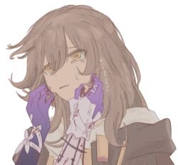 2girls arm_ribbon artist_name asymmetrical_gloves black_coat blood blood_on_face blood_on_gloves butterfly_ornament castorice_(honkai:_star_rail) coat commentary crying crying_with_eyes_open elbow_gloves english_commentary gloves grey_hair hair_between_eyes hands_on_another&#039;s_face hands_up honkai:_star_rail honkai_(series) korshokor lapels long_hair looking_at_another mismatched_gloves multiple_girls open_clothes open_coat open_mouth purple_gloves ribbon sad shirt simple_background single_wrist_cuff solo_focus stelle_(honkai:_star_rail) t-shirt tears trailblazer_(honkai:_star_rail) upper_body white_background white_shirt wrist_cuffs yellow_eyes