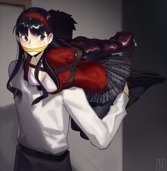 Rule 34 | 1boy, 1girl, abduction, amagi yukiko, armbinder, bdsm, black hair, black skirt, bondage, bound, bra, breasts, cad (caddo), carrying, carrying person, cleave gag, cloth gag, commission, gag, gagged, hairband, highres, improvised gag, kidnapped, kidnapping, miniskirt, peril, persona, persona 5, red hairband, red shirt, second-party source, shirt, skirt, underwear, white bra
