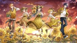 2boys 3girls :d adjusting_clothes ankle_boots aoyagi_touya azusawa_kohane bare_shoulders basket beckoning birdcage black_hair black_pants black_shoes blonde_hair blue_eyes blue_hair boater_hat boots bouquet bow bow_choker brown_boots brown_choker brown_pants brown_sash brown_shoes bucket butterfly_hair_ornament cage choker closed_mouth clothing_cutout collared_shirt copyright_notice detached_sleeves dress earrings field flower flower_earrings flower_field flower_necklace frilled_dress frilled_shirt_collar frilled_skirt frills full_body gradient_hair green_eyes grey_shoes grin hair_between_eyes hair_flower hair_ornament hair_ribbon hairclip hand_on_own_neck hat hat_bow high-waist_skirt highres holding holding_basket holding_bouquet holding_bucket holding_cage jacket jewelry kagamine_rin lace-up_boots long_hair long_sleeves looking_at_viewer looking_to_the_side multicolored_hair multiple_boys multiple_girls necklace official_art open_clothes open_collar open_jacket open_mouth orange_hair pants pants_rolled_up parted_lips peter_pan_collar project_sekai puffy_short_sleeves puffy_sleeves ribbon shinonome_akito shiraishi_an shirt shoes short_hair short_sleeves short_twintails shoulder_cutout shunka_tunacan skirt skirt_hold sleeveless sleeveless_dress smile sneakers socks split-color_hair standing straw_hat streaked_hair sun_hat sunflower sunflower_field sunset sweater_vest swept_bangs turtleneck twintails two-tone_hair vivid_bad_squad_(project_sekai) wavy_hair white_shirt white_socks yellow_dress yellow_eyes yellow_flower yellow_jacket yellow_skirt yellow_sweater_vest