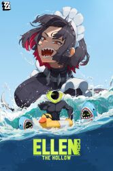 1girl black_hair blue_sky breasts collar commentary day ellen_joe english_commentary highres large_breasts logo looking_at_viewer maid_headdress metal_collar movie_poster open_mouth orange_eyes outdoors pink_hair poster_parody sharkboo_(zenless_zone_zero) sharp_teeth short_hair sky teeth yukee041230 zenless_zone_zero