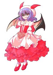 1girl bare_shoulders bat_wings commentary_request commission dairi detached_sleeves dress frilled_dress frills full_body fur-trimmed_sleeves fur_trim hand_on_own_chest hat large_variant_set looking_at_viewer open_mouth purple_hair red_dress red_eyes red_shoes red_sleeves remilia_scarlet shaded_face shoes short_hair skeb_commission solo standing strapless strapless_dress sweatdrop tachi-e touhou transparent_background variant_set white_hat wings