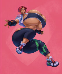 1girl ass bigdad blue_eyes breasts bursting_breasts cleavage curvy dark-skinned_female dark_skin earrings facial_mark female_focus fingerless_gloves forehead_mark full_body gigantic_breasts giovanna_(guilty_gear) gloves guilty_gear guilty_gear_strive hoop_earrings huge_ass jewelry looking_at_viewer red_hair short_hair skindentation solo thick_thighs thighs underboob
