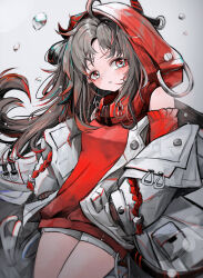 1girl ahoge arknights bare_legs blue_eyes brown_hair bubble coat commentary cowboy_shot dress highres hood hood_up hooded_dress kari90909 long_hair looking_at_viewer multicolored_eyes multicolored_hair off_shoulder paprika_(arknights) parted_lips red_dress red_eyes red_hair shorts sidelocks simple_background streaked_hair two-tone_eyes white_background white_coat white_shorts