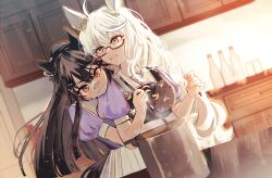 2girls absurdres affectionate animal_ears apron banana_print bandaid bandaid_on_face bandaid_on_nose biwa_hayahide_(umamusume) black_hair commentary_request cooking cooking_pot dutch_angle food_print front-to-back fruit_print glasses heads_together highres holding holding_ladle horse_ears horse_girl hug hug_from_behind indoors kawamura00 kitchen ladle long_hair multiple_girls narita_brian_(umamusume) ponytail puffy_short_sleeves puffy_sleeves purple_shirt sailor_collar sailor_shirt school_uniform shirt short_sleeves siblings sisters smile summer_uniform tracen_school_uniform umamusume very_long_hair wavy_hair white_hair
