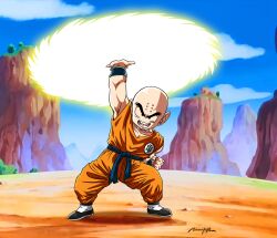 1boy bald black_eyes cloud cloudy_sky dragon_ball kienzan kuririn looking_at_viewer muscular muscular_male serious sky solo