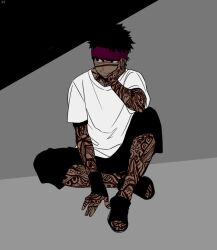 Rule 34 | 1boy, angra mainyu (fate), black eyes, black hair, black shorts, casual, commentary request, dark-skinned male, dark skin, fate/hollow ataraxia, fate (series), full-body tattoo, head rest, headband, male focus, red headband, shibakou, shirt, shorts, sitting, solo, t-shirt, tattoo, toeless footwear, wristband