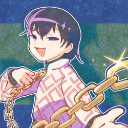 1boy black_eyes black_hair chain chain_leash charisma_house glint hair_between_eyes highres leash long_sleeves looking_at_viewer male_focus motohashi_iori open_mouth outline short_hair solo upper_body white_outline yuzuhamaru