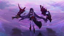 1girl absurdres armor black_collar black_footwear black_gloves black_skirt breasts cleavage closed_mouth clothing_cutout collar commentary disembodied_hand from_above gauntlets gloves high-low_skirt highres holding holding_sword holding_weapon honkai_(series) honkai_impact_3rd horns large_breasts long_horns looking_at_viewer mumu123 pauldrons pelvic_curtain purple_eyes purple_hair raiden_mei raiden_mei_(herrscher_of_thunder) red_horns reflection reflective_water scabbard serious sheath sheathed shirt shoulder_armor single_bare_shoulder single_pauldron skirt solo stomach_cutout sword thighhighs weapon white_shirt white_thighhighs wide_shot