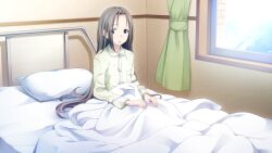 Rule 34 | animal print, bed, blue eyes, blue stripes, breast pocket, butterfly print, curtains, ears visible through hair, fukuda tomonori, game cg, grey hair, hair between eyes, hair down, highres, hospital bed, long hair, long sleeves, looking at viewer, non-web source, official art, on bed, open mouth, pajamas, pillow, pocket, robotics;notes, shiny eyes, sitting, sunlight, surprised, tareme, under covers, waking up, window, yellow pajamas, yukifune airi