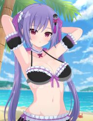 1girl animal arm_garter arms_behind_head arms_up assault_lily bare_shoulders bikini blue_sky blurry blurry_background blush breasts closed_mouth cloud collarbone commentary_request crab day frilled_bikini frilled_ribbon frills front-tie_bikini_top front-tie_top hair_ornament hair_ribbon haniwa_(kiminozorazio) highres horizon jewelry large_breasts long_hair looking_at_viewer matsumura_fuuka navel official_alternate_costume outdoors palm_tree parted_lips pendant pink_eyes pink_ribbon purple_hair revision ribbon ribbon-trimmed_bikini ribbon_trim see-through_bikini see-through_clothes sky solo sparkle standing stomach swimsuit tassel tassel_hair_ornament tree twintails upper_body very_long_hair water