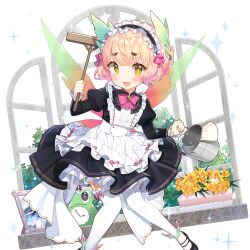 1girl apron black_shoes blunt_bangs bucket clock flower frilled_apron frills holding holding_bucket kanna_(uchihime) maid maid_headdress pantyhose pink_hair salt_(salty) shoes short_hair uchi_no_hime-sama_ga_ichiban_kawaii white_apron white_pantyhose window wings yellow_eyes