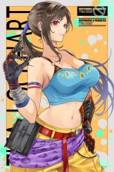 armlet armored_gloves bandaged_hand bandages bare_shoulders bead_bracelet beads belt black_gloves blue_ribbon blue_shirt bracelet breasts brown_hair character_name cleavage closed_mouth cosplay cowboy_shot crop_top final_fantasy final_fantasy_vi final_fantasy_vii final_fantasy_vii_ever_crisis gloves hair_ribbon hand_on_own_hip highres jewelry large_breasts light_smile long_hair low_ponytail midriff navel official_alternate_costume orange_background pants ponytail quichi_91 red_belt red_eyes ribbon sabin_rene_figaro sabin_rene_figaro_(cosplay) sash shirt single_sidelock strapless swept_bangs tifa_lockhart tifa_lockhart_(sabin&#039;s_style) tube_top waist_sash yellow_pants