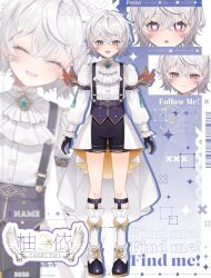 1girl ankle_boots ascot bad_tag barcode boots brooch cape collar epaulets frilled_collar frills gloves high-waisted_shorts highres indie_virtual_youtuber jewelry logo messy_hair multiple_views namiki_itsuki ornamental_wings purple_eyes reference_sheet short_hair shorts solo suspenders tailcoat tassel watermark white_hair yuzuki_yori(vtuber)