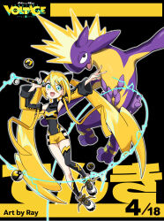 absurdres artist_name asymmetrical_legwear black_leotard blonde_hair blue_eyes blue_nails bright_pupils detached_sleeves electricity fake_screenshot fang full_body gen_8_pokemon hair_ornament hatsune_miku highres holding holding_microphone leotard lightning_bolt_symbol long_hair microphone nintendo official_style open_mouth parody poke_ball pokemon pokemon_(creature) project_voltage rhymewithray shoes short_shorts shorts smile sneakers spikes toxtricity toxtricity_(amped) twintails ultra_ball v vocaloid white_pupils yellow_trim