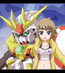 Rule 34 | 10s, 1girl, bad id, bad pixiv id, blue eyes, brown hair, gundam, gundam build fighters, gundam build fighters try, hamada sukaru, hoshino fumina, jacket, letterboxed, midriff, navel, open mouth, sports bra, superhamasuke, two-tone sports bra, winning gundam