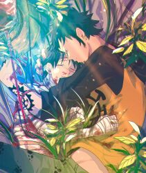 2boys arm_tattoo bandages black_hair blood blood_bag commentary_request denim earrings facial_hair goatee hat heart_pirates_jolly_roger highres hug jeans jewelry long_sleeves male_focus monkey_d._luffy multiple_boys one_piece pants scar scar_on_face short_hair snd_happyday straw_hat tattoo tears trafalgar_law