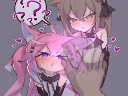 1boy 1girl ? ?? animal_ears bibiko_(shippitsu) black_gloves blush bow bowtie brown_eyes brown_hair empty_eyes fox_ears fox_girl gloves grey_background hair_ornament hairclip heart highres hypnosis indie_virtual_youtuber looking_at_phone mind_control open_mouth phone pink_hair pov purple_eyes shippitsu simple_background speech_bubble sweatdrop teletha_(vtuber) trap upper_body